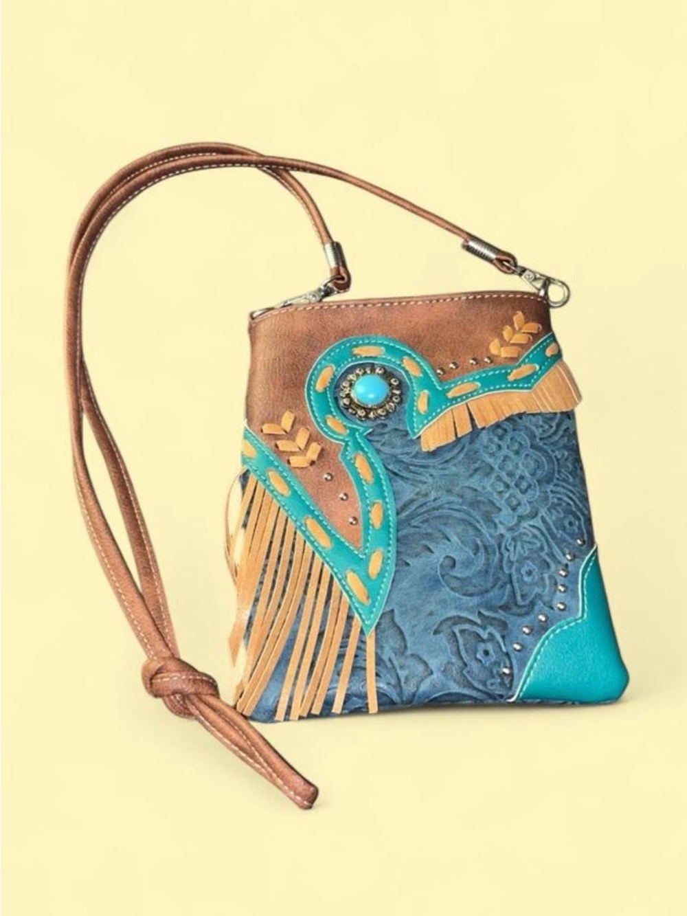 Turquoise & Brown Embossed Fringe Crossbody Bag